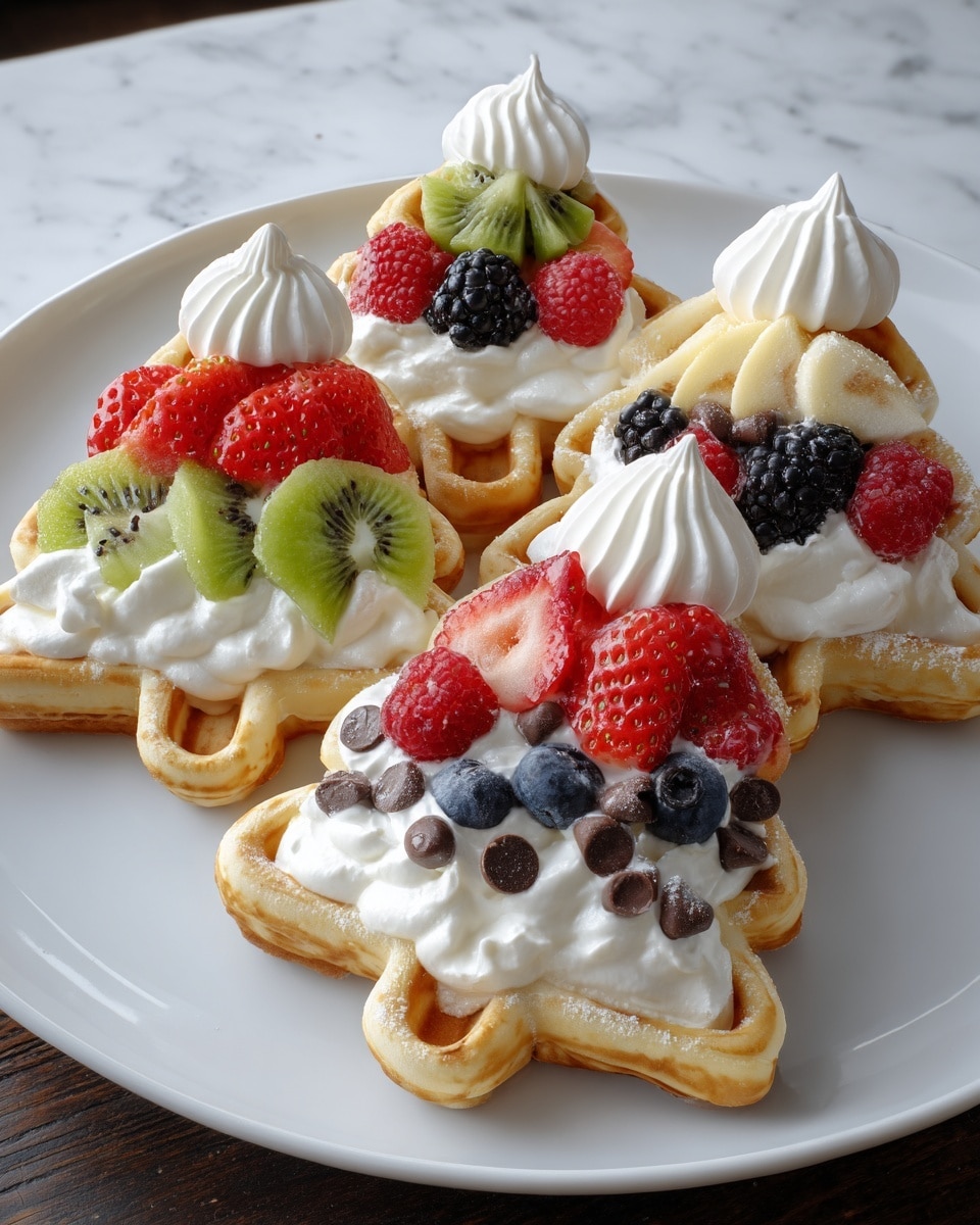 Four tree-shaped waffles are placed on a white plate over a white marbled surface. Each waffle has a base layer of light golden brown, crispy texture. On top, there is a thick layer of white whipped cream, shaped with soft swirls covering the waffles’ contours. The whipped cream is decorated with colorful fresh fruits: red strawberries, raspberries, blackberries, green kiwi slices, and dark blueberries, along with chocolate chips scattered over the cream. Each waffle is topped with a single peak of piped whipped cream. The overall look is bright, fresh, and festive. photo taken with an iphone --ar 4:5 --v 7