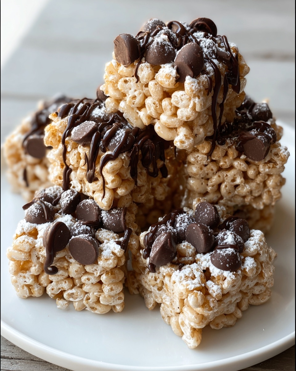 The image shows five small square treats stacked on a white plate with a white marbled texture below. Each treat is made of light tan puffed rice cereal bound tightly together, forming a bumpy but solid texture. On top and dripping down the sides are thick dark chocolate drizzles, along with several large, shiny dark chocolate chips scattered on each piece. A light dusting of white powdered sugar covers the tops, adding a soft contrast to the darker chocolate. The close-up view highlights the glossy chocolate's smooth texture against the rough, crunchy cereal clusters. photo taken with an iphone --ar 4:5 --v 7