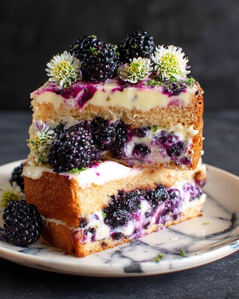 Two slices of cake stacked on a white plate with a white marbled texture underneath. Each slice has three layers: a light brown, soft cake base, a middle layer of creamy white filling mixed with blackberries, and a top layer of creamy white frosting with swirls of purple berry sauce. Large, shiny blackberries and small white and green edible flowers are placed on top and between the layers of the cake, adding texture and color contrast. The background is dark, making the cake and plate stand out clearly. photo taken with an iphone --ar 4:5 --v 7
