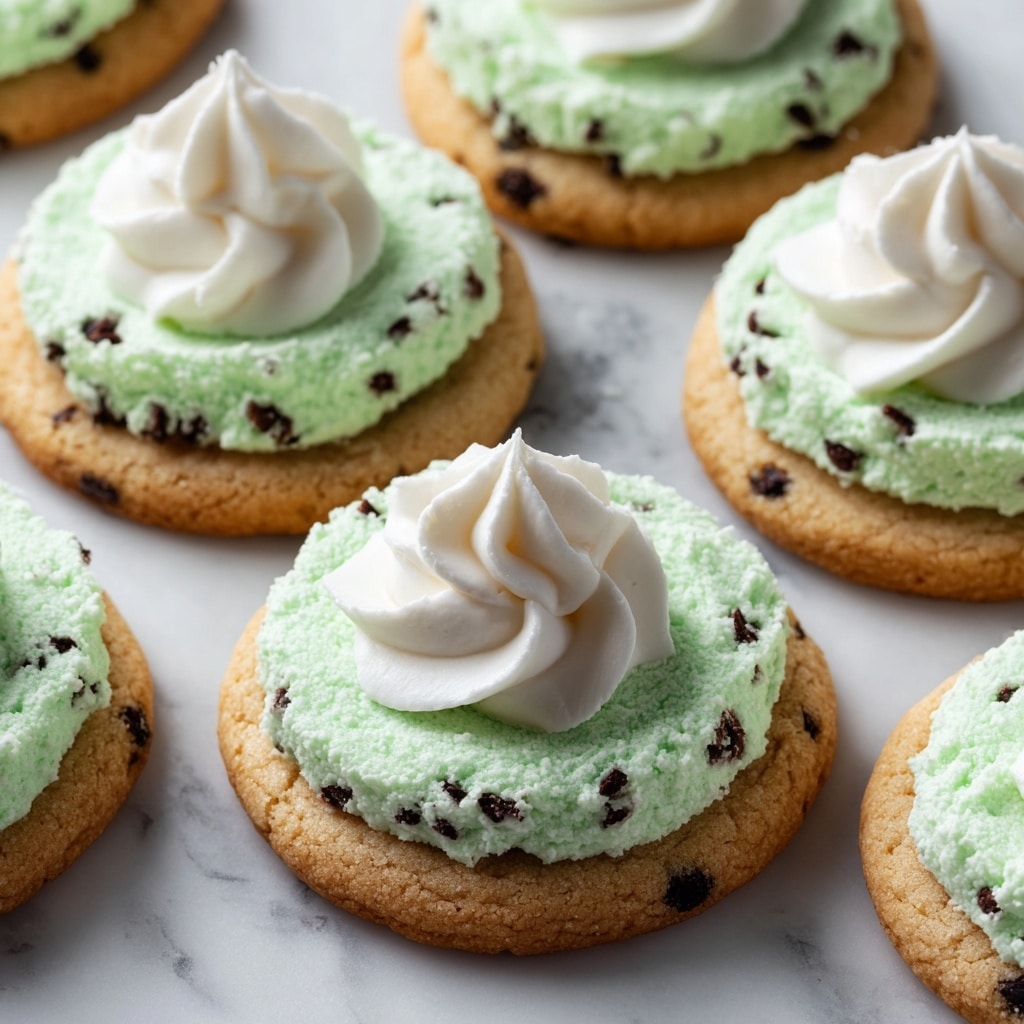 The image shows a close-up of a round cookie with chocolate chips, topped with a thick layer of light green mint-flavored frosting that has small dark chocolate pieces mixed inside. On top of the frosting, there is a small swirl of white whipped cream. The cookie is placed on a soft cream-colored cloth. In the background, more similar cookies with the same frosting and whipped cream are slightly out of focus on a tray. The surface underneath has a white marbled texture. Photo taken with an iphone --ar 4:5 --v 7