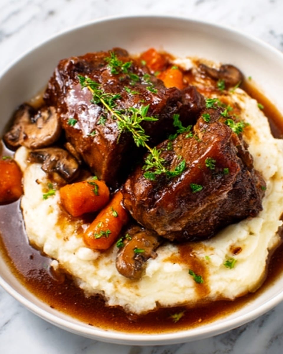 The dish shows two pieces of brown cooked meat with a shiny glaze placed on top of a white creamy mashed potato layer that surrounds the meat like a thick border. Around the meat, there are small chunks of orange carrots and dark brown mushrooms mixed with a dark brown gravy sauce. Green fresh herbs are sprinkled on top of the meat, adding a pop of color. The meal is served in a white bowl on a white marbled surface. photo taken with an iphone --ar 4:5 --v 7