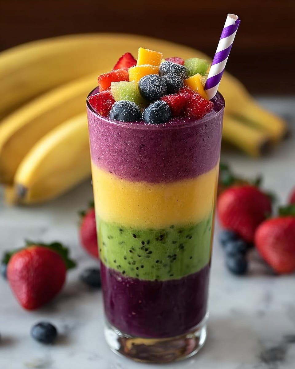 A tall clear glass holds a smoothie with five distinct colorful layers. At the bottom is a dark purple layer, followed by a green layer with visible kiwi seeds. Above this is a smooth bright yellow layer, then a thick bright purple layer, and on top a lighter purple layer filling to the rim. On top of the smoothie is a mix of fresh fruits including red raspberries, sliced red strawberries, green avocado chunks, orange mango pieces, and blue blueberries, some with a frosty look. A purple and white striped straw is placed sticking out from the top right side of the glass. The glass sits on a white marbled surface with a blurry bunch of bananas in the background and scattered strawberries and blueberries nearby. Photo taken with an iphone --ar 4:5 --v 7