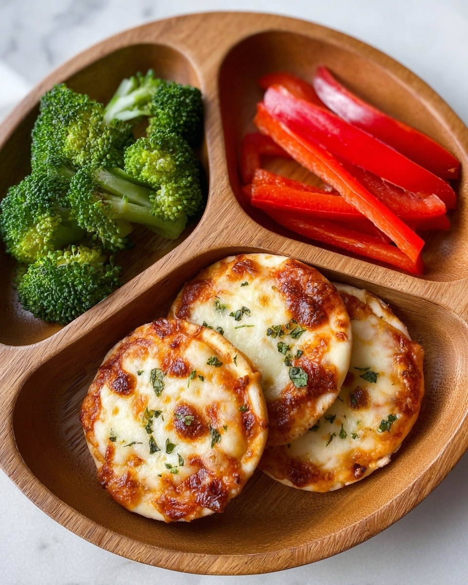 Three small round mini pizzas are placed side by side in a wooden divided plate. Each pizza has a golden brown melted cheese layer with some spots of darker browning and small green herb flakes sprinkled on top. In the separate compartments of the plate, there are several bright green broccoli florets on one side and three long red bell pepper strips on the other side. The entire arrangement sits on a white marbled surface. photo taken with an iphone --ar 4:5 --v 7