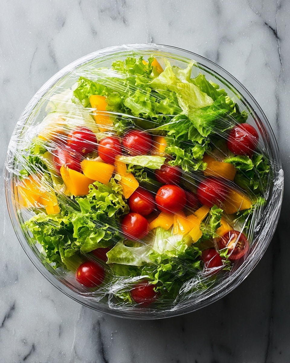 A clear glass bowl holds a fresh salad with two main layers: the base layer is bright green leafy lettuce pieces with a slightly wavy texture, and the top layer consists of juicy red tomato slices cut into halves and quarters. The salad is mixed with small green herb bits and a light dressing that gives a glossy look to the vegetables. The bowl sits on a white marbled surface, showing the vibrant colors and textures clearly. photo taken with an iphone --ar 4:5 --v 7