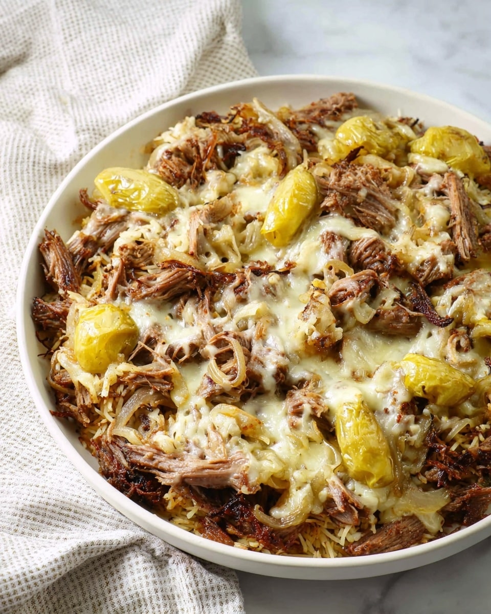 The dish shows a white shallow bowl filled with several layers starting with a base of shredded dark brown cooked meat that looks tender and juicy, topped with melted white cheese that is gooey and slightly browned, scattered throughout are whole yellow peppers with a smooth, glossy texture, and pieces of soft cooked onions that have a translucent light golden color, all sitting on a white marbled surface with a soft striped cloth nearby, the overall look is warm and hearty. photo taken with an iphone --ar 4:5 --v 7