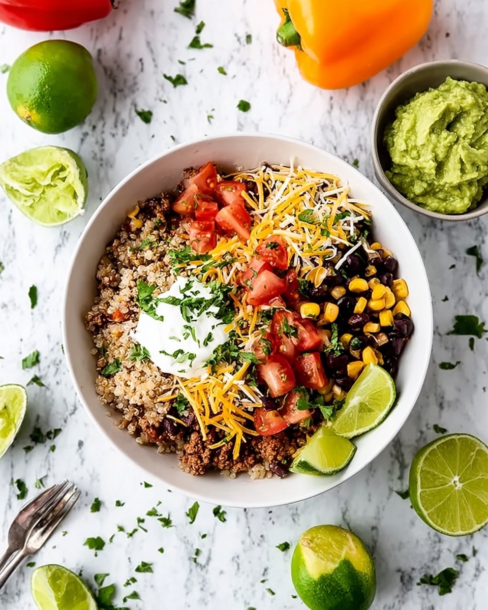 A white bowl filled with a layered burrito bowl dish on a white marbled surface, inside the bowl the first layer is a grain base of light brown quinoa or rice, topped with cooked ground meat in a browned color, followed by scattered black beans and yellow grilled corn kernels. There are fresh diced red tomatoes and chopped green herbs spread on top. A sprinkling of shredded white cheese covers the surface. On one side, there is a dollop of white sour cream with lime slices resting on it, and next to the sour cream is a scoop of green guacamole. Around the bowl, lime wedges, whole green limes, an orange bell pepper, halved red tomatoes, and scattered herbs add color to the scene. A silver fork lies beside the bowl. Photo taken with an iphone --ar 4:5 --v 7