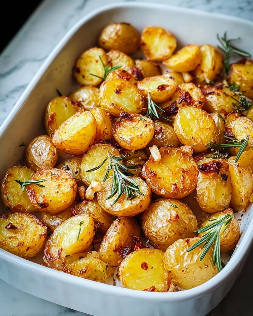 A white rectangular dish filled with many roasted potato halves, each with a golden brown, crispy outside and soft yellow inside. The potatoes are sprinkled with coarse salt and scattered rosemary leaves, adding green and white specks. The texture looks crunchy and slightly oily, with some small bits of seasoning visible on the surface. The background is a white marbled texture, with a few sprigs of rosemary nearby. Photo taken with an iphone --ar 4:5 --v 7