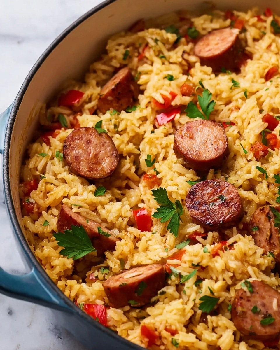 A close-up view of a blue pan filled with cooked rice mixed with small red pepper pieces, browned sausage slices, and chunks of grilled chicken. The grains of rice are yellowish with visible seasoning. Green parsley leaves are scattered on top, adding a fresh touch. The pan is sitting on a white marbled surface. Photo taken with an iphone --ar 4:5 --v 7