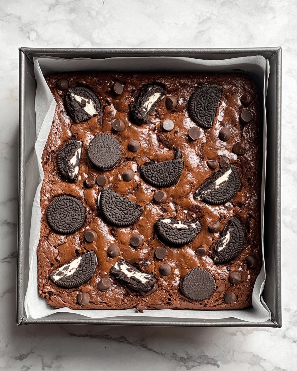 A square baking pan filled with a thick layer of dark brown brownie batter baked to a shiny, slightly cracked crust on top. The surface is decorated with broken pieces of black and white sandwich cookies spread evenly throughout, along with scattered medium-sized round chocolate chips. The pan is lined with parchment paper and sits on a white marbled texture. The brownie looks rich and fudgy. photo taken with an iphone --ar 4:5 --v 7