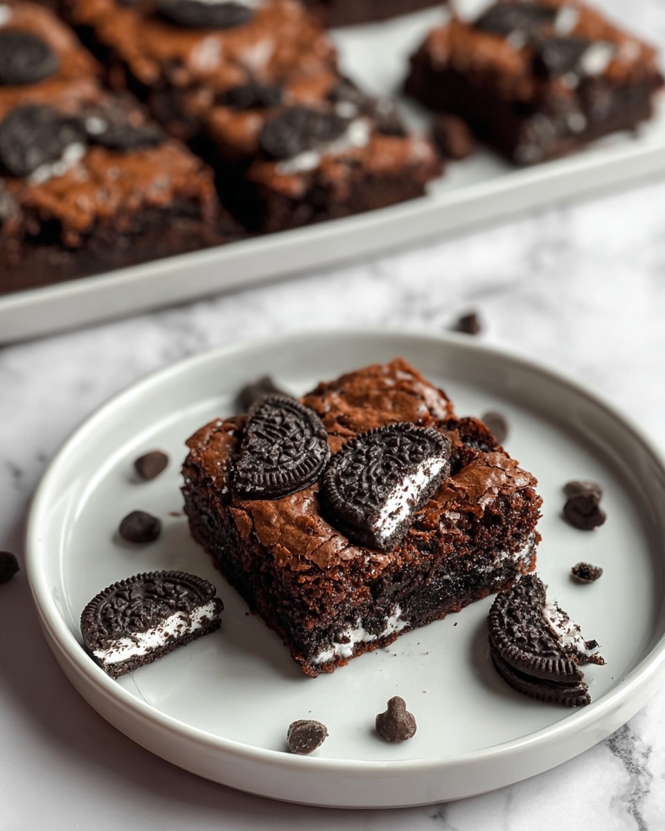 A single square piece of rich, dark brown brownie sits in the center of a large white plate, topped with large chunks of black and white sandwich cookies pressed into its cracked, shiny surface. Around the brownie on the plate, broken cookie pieces with white cream fillings and small dark chocolate chips are scattered, creating a circle of texture and contrast. In the blurred background, a larger tray of similar brownies is visible, with the same dark cookie pieces on top. The plate is set on a white marbled surface, adding a soft, elegant base to the scene. photo taken with an iphone --ar 4:5 --v 7