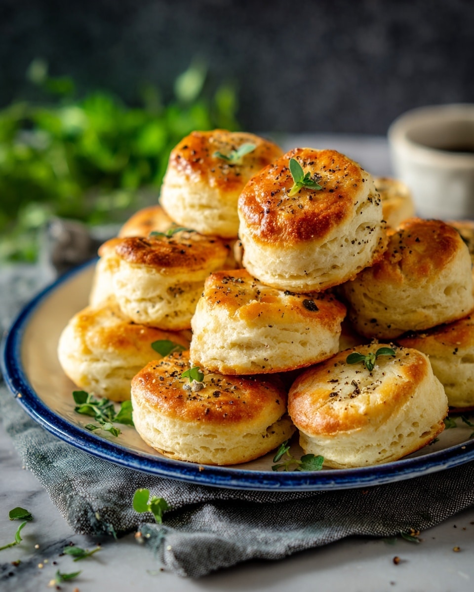 A plate stacked with multiple small, round golden-brown biscuits with a slightly crisp top layer sprinkled with black pepper and fresh small green herb leaves. The biscuits show soft, flaky layers with a light beige dough base and a glossy, toasted upper crust. The white plate is placed on a dark gray cloth, set on a white marbled surface. The background is softly blurred with green herb stems and a patterned silver cup, adding a fresh and cozy feel to the scene. Photo taken with an iphone --ar 4:5 --v 7