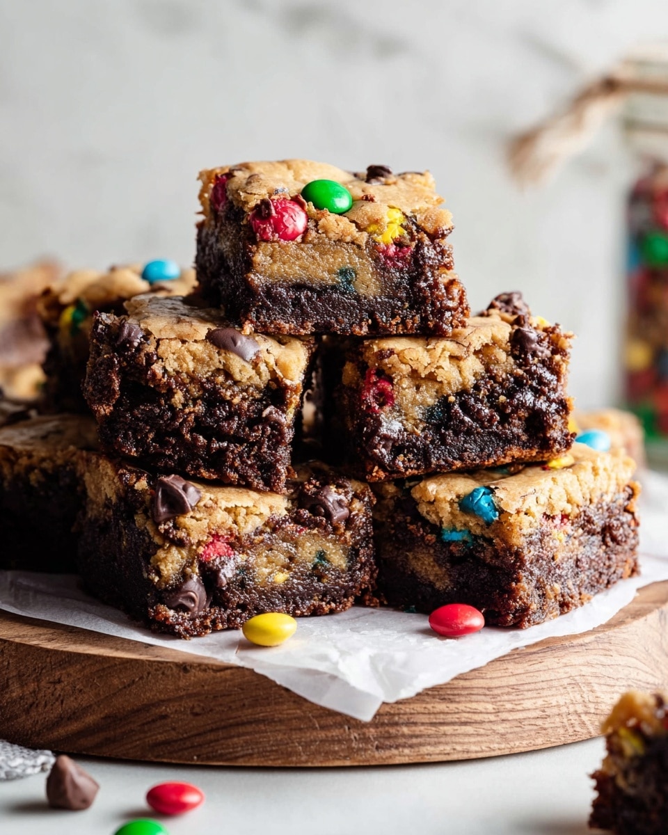A stack of rich, thick dessert bars is shown with about two layers each: the bottom layer is dark, fudgy chocolate with a moist texture, and the top layer is a lighter, golden cookie dough containing colorful candy-coated chocolate pieces and small chocolate chunks. The bars are cut into squares and piled unevenly on white parchment paper, placed on a round wooden board, with some candy pieces scattered around. The photo has a soft, bright background with a white marbled texture and a tied glass jar is slightly out of focus in the background. Photo taken with an iphone --ar 4:5 --v 7