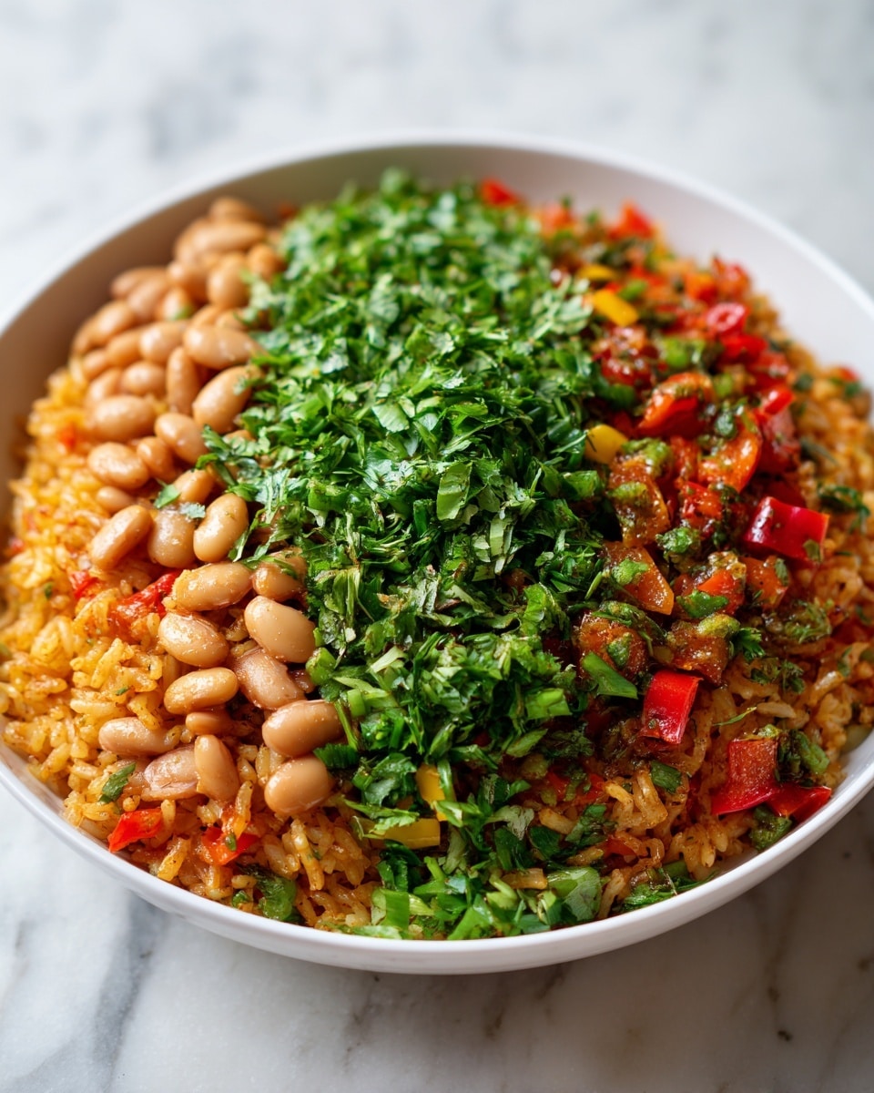 A close-up view of a white bowl filled with a colorful rice dish featuring three main layers: the base layer is orange-tinted cooked rice mixed with small pieces of red and yellow bell peppers, the middle layer consists of light brown beans scattered evenly throughout, and the top layer is fresh bright green chopped herbs sprinkled generously over the dish. The rice has a fluffy texture with visible seasoning, while the beans are smooth and round, and the herbs add a fresh contrast. The bowl sits against a white marbled texture background. photo taken with an iphone --ar 4:5 --v 7