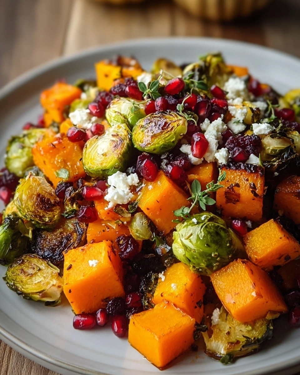 The image shows a close-up of a colorful roasted vegetable dish. It has three main layers: bright orange chunks of roasted sweet potato, small green Brussels sprouts, and white cubes of grilled halloumi cheese with light brown grill marks. Scattered on top are small red dried cranberries adding a pop of color. The vegetables and cheese are mixed together, showing a mix of soft, crispy, and chewy textures on a white marbled surface. The lighting highlights the rich, warm colors, making the food look fresh and tasty. Photo taken with an iphone --ar 4:5 --v 7