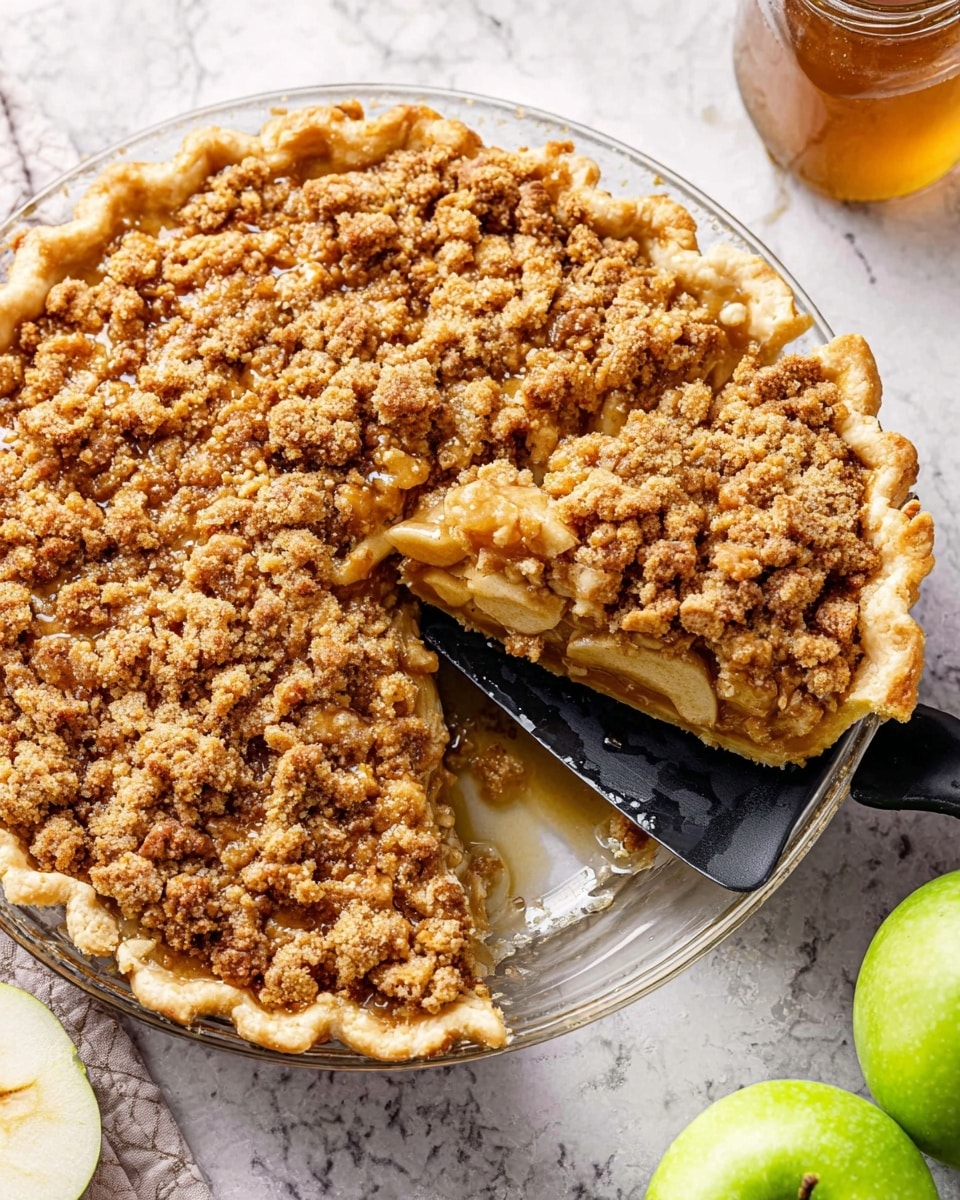 A round pie with a golden-brown crust on the edge and a thick crumbly topping that looks crunchy and is sprinkled with a shiny honey or syrup glaze. The pie is placed in a clear glass pie dish on a white marbled surface. A black spatula is lifting one slice, showing the bottom crust and a glimpse of the soft apple filling underneath the crumb layer. Nearby, green apples and a clear jar of honey or syrup add color and context to the scene. Photo taken with an iphone --ar 4:5 --v 7