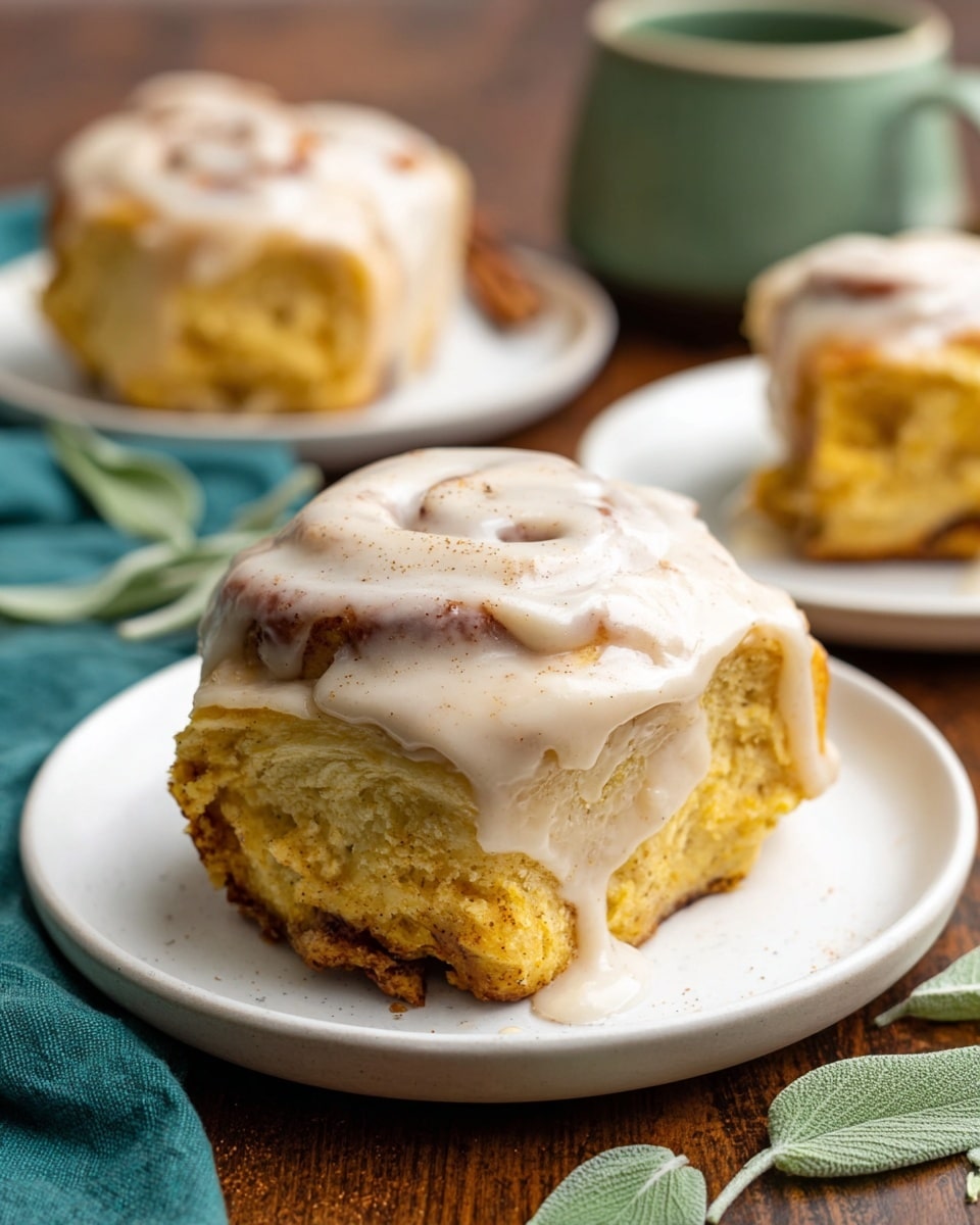A single thick cinnamon roll sits on a white plate, showing two main layers: the soft, golden brown dough base with a slightly crumbly texture, and a thick, creamy beige icing with visible cinnamon specks unevenly spread over the top, dripping slightly down the sides. The dough looks moist and fluffy with some darker baked edges near the top. In the blurred background, two more cinnamon rolls on white plates repeat the same layer and texture details. The setting includes scattered light green sage leaves on a brown wooden surface with a folded teal cloth to one side. Photo taken with an iphone --ar 4:5 --v 7