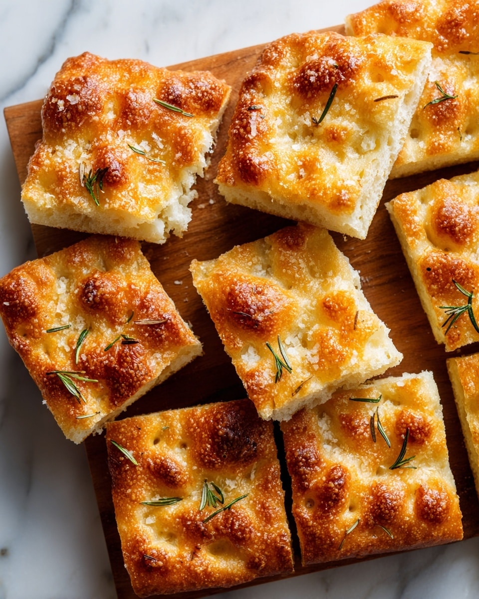 A square focaccia bread cut into nine equal pieces with a golden, crispy top layer showing bubbly and slightly browned patches. The surface is sprinkled with coarse salt and small green rosemary leaves spread unevenly across the top. The texture of the bread looks soft and airy underneath the crispy top, with small dimples visible on the surface. The focaccia rests on a wooden board set against a white marbled texture background. photo taken with an iphone --ar 4:5 --v 7