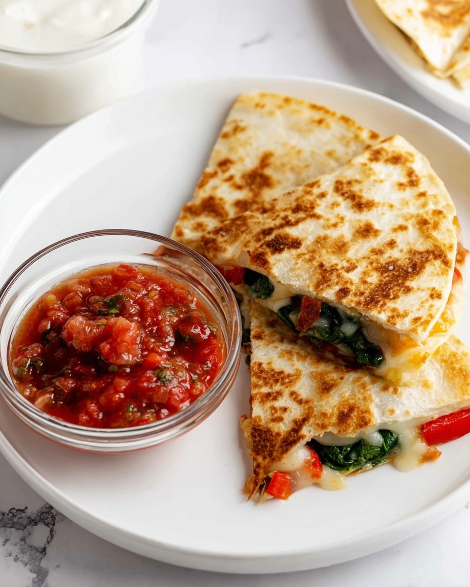 The image shows a white plate with three golden-brown quesadilla slices, each triangle-shaped with a crispy texture on the outside, slightly browned and toasted. Inside, layers of green spinach, melted white cheese, and red bell pepper are visible. Next to the quesadillas on the plate is a small clear glass bowl filled with chunky red salsa, showing a mix of tomato pieces and green bits. In the background, a white bowl of creamy white sauce can be seen on a white marbled surface. Photo taken with an iphone --ar 4:5 --v 7