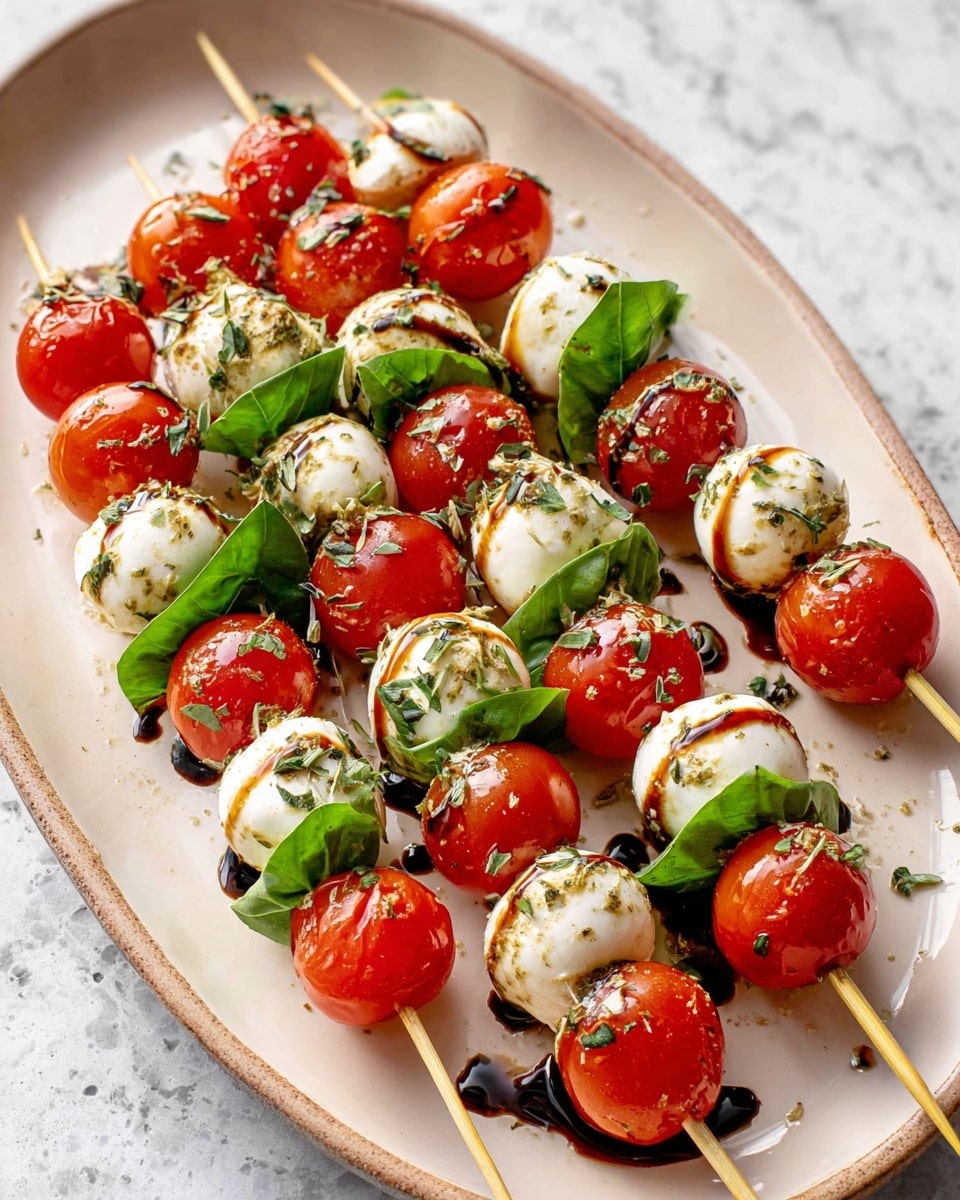 A light beige oval plate holds five skewers each made of three layers: the bottom layer is bright red shiny cherry tomatoes, the middle layer is fresh green basil leaves folded, and the top layer is white mozzarella balls with light grilled spots and sprinkled herbs; a dark glossy balsamic glaze is drizzled over the tomatoes and mozzarella. The plate is set on a white marbled surface photo taken with an iphone --ar 4:5 --v 7