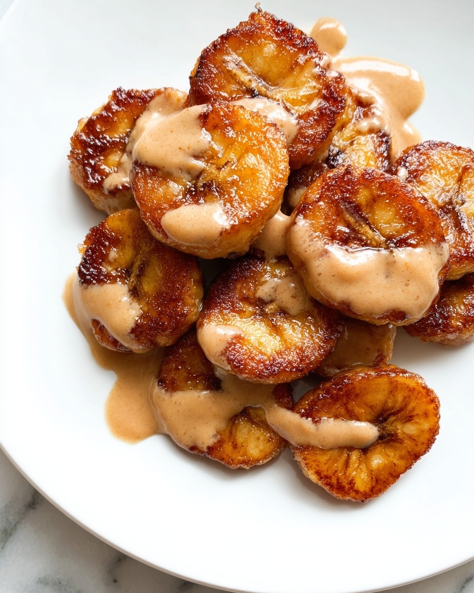 The dish shows a close-up of several small, round slices of golden-brown fried plantains, stacked closely together on a white plate. Each plantain slice has a crispy, slightly caramelized outside with a soft texture inside, and a drizzle of light brown creamy sauce spread unevenly on top, adding a smooth and glossy finish. The plate rests on a white marbled surface, creating a clean and bright contrast with the warm tones of the food. photo taken with an iphone --ar 4:5 --v 7