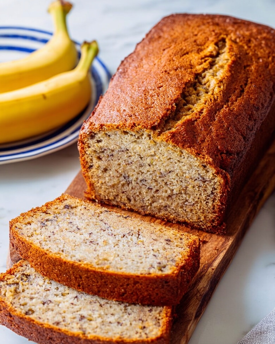 A loaf of banana bread with a golden brown crust sits on a wooden board placed on a white marbled surface. The bread has a cracked top, showing a soft, moist interior speckled with pieces of banana. Two slices are cut from the loaf, the first slice laid flat and the second one slightly tilted forward, revealing the light tan texture with tiny darker bits inside. Next to the bread, on the left, there is a ripe banana and a white plate with blue stripes, adding to the cozy setting. Photo taken with an iphone --ar 4:5 --v 7