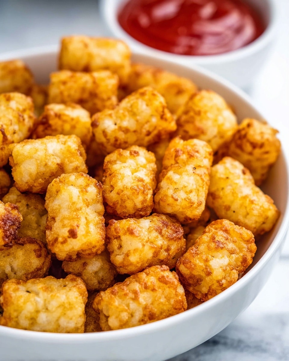 A close-up view of many small, round, and rectangular golden-brown tater tots with a crispy texture inside a white bowl; the tater tots have uneven, slightly browned spots showing a crunchy surface. In the blurred background, there is a white bowl filled with bright red ketchup, all set on a white marbled texture. photo taken with an iphone --ar 4:5 --v 7