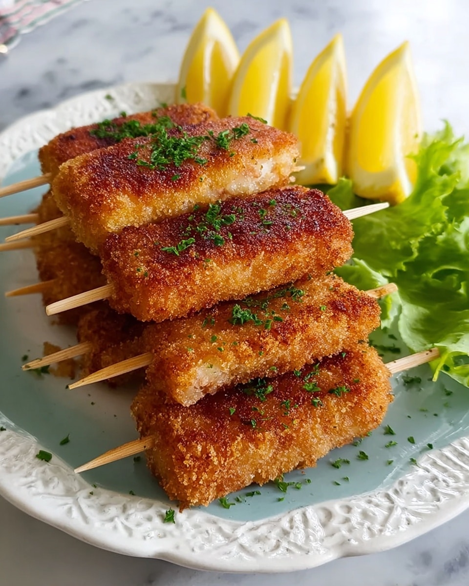 The image shows several golden-brown, crispy fried fish sticks coated with a crunchy breadcrumb layer. Each stick is pierced with a wooden skewer. The sticks are garnished with small pieces of fresh green parsley. They rest on a white plate with a textured edge, and a bright yellow lemon wedge is placed on the side. A woman's hand holds one stick up close to the camera, showing the coarse, crunchy texture of the breading against a white marbled surface background. photo taken with an iphone --ar 4:5 --v 7