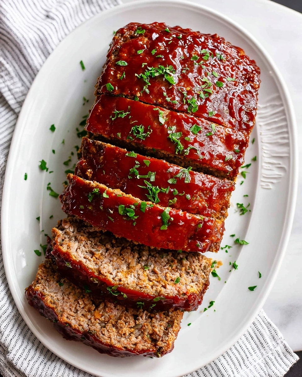 A white oval plate with a large meatloaf sliced into five pieces, the front slice laying flat and showing a dense, moist brown inside texture. The top layer of the meatloaf is covered with a thick, shiny reddish-brown sauce with small bits of green herbs sprinkled on top. The plate rests on a white marbled surface with a gray and white striped cloth partly visible underneath. photo taken with an iphone --ar 4:5 --v 7