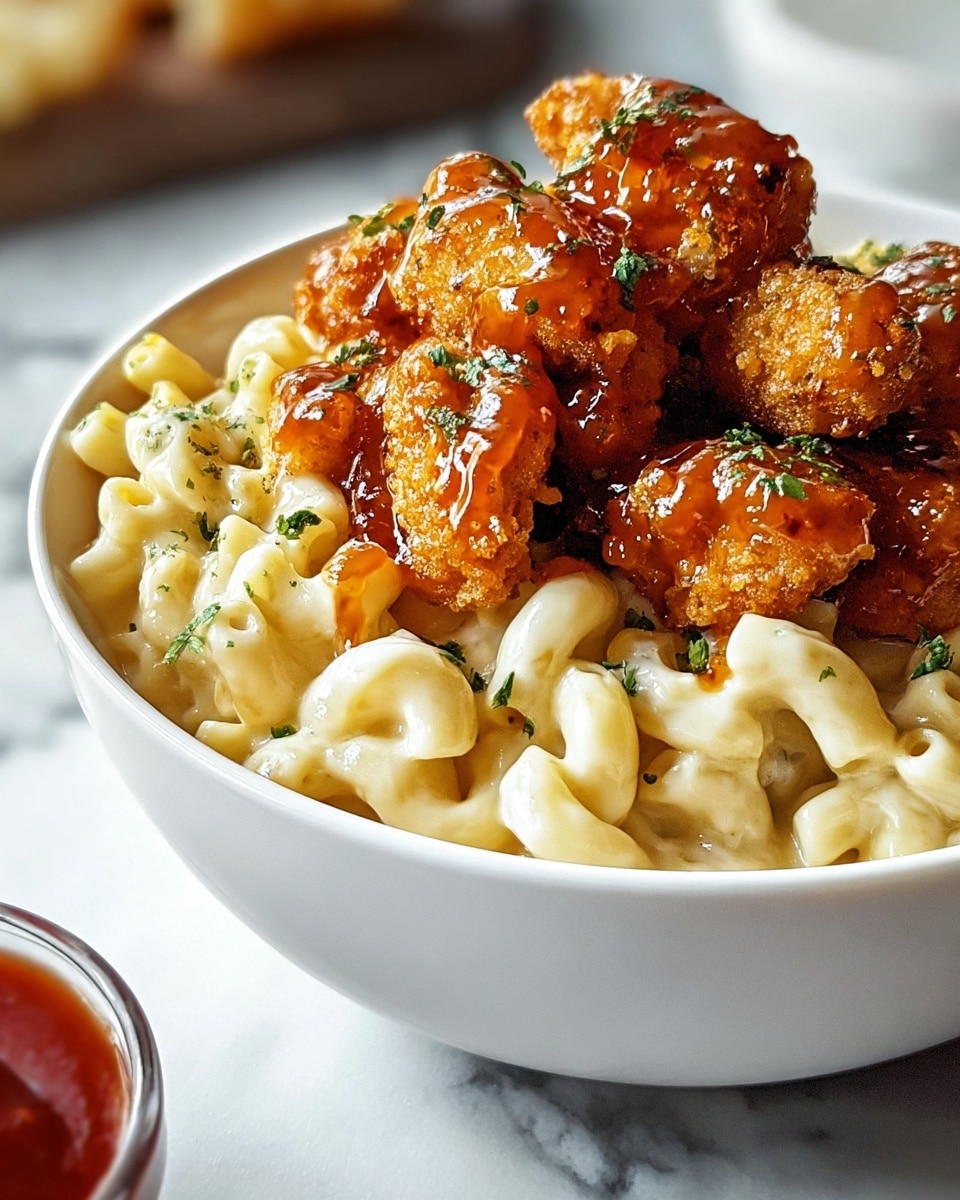 A white bowl filled with creamy macaroni and cheese at the bottom, showing pale yellow macaroni coated in smooth cheese sauce, topped with several pieces of crispy fried chicken coated in a shiny, dark orange glaze, sprinkled with small green herb pieces. The bowl is on a surface with white marble texture, and a small container of red sauce is partially visible beside the bowl. Photo taken with an iphone --ar 4:5 --v 7