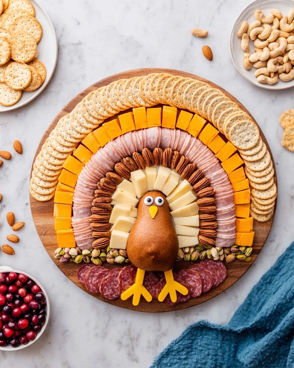 A circular wooden board displays a turkey-shaped snack platter arranged in layers to look like a colorful turkey tail. Starting from the outer edge, there is a row of round beige crackers, followed by a layer of whole almonds with a dark brown texture. Inside this, there is a row of bright orange cheese cubes, then a layer of light pinkish slices of meat, a row of pale pistachio nuts, and another layer of darker pink round meat slices. Next is a layer of yellow and white marbled cheese slices, and closer to the center is a smaller circle of crackers. The turkey body in the middle is a whole brown pear with two small round white eyes, a small yellow triangular beak, and yellow strips forming legs with dark almonds arranged like feathers on each side. Red berries accent the bottom sides. The board sits on a white marbled surface, with small white plates holding crackers, cheese cubes, almonds, and pistachios around it, and a blue cloth to the left. Photo taken with an iphone --ar 4:5 --v 7