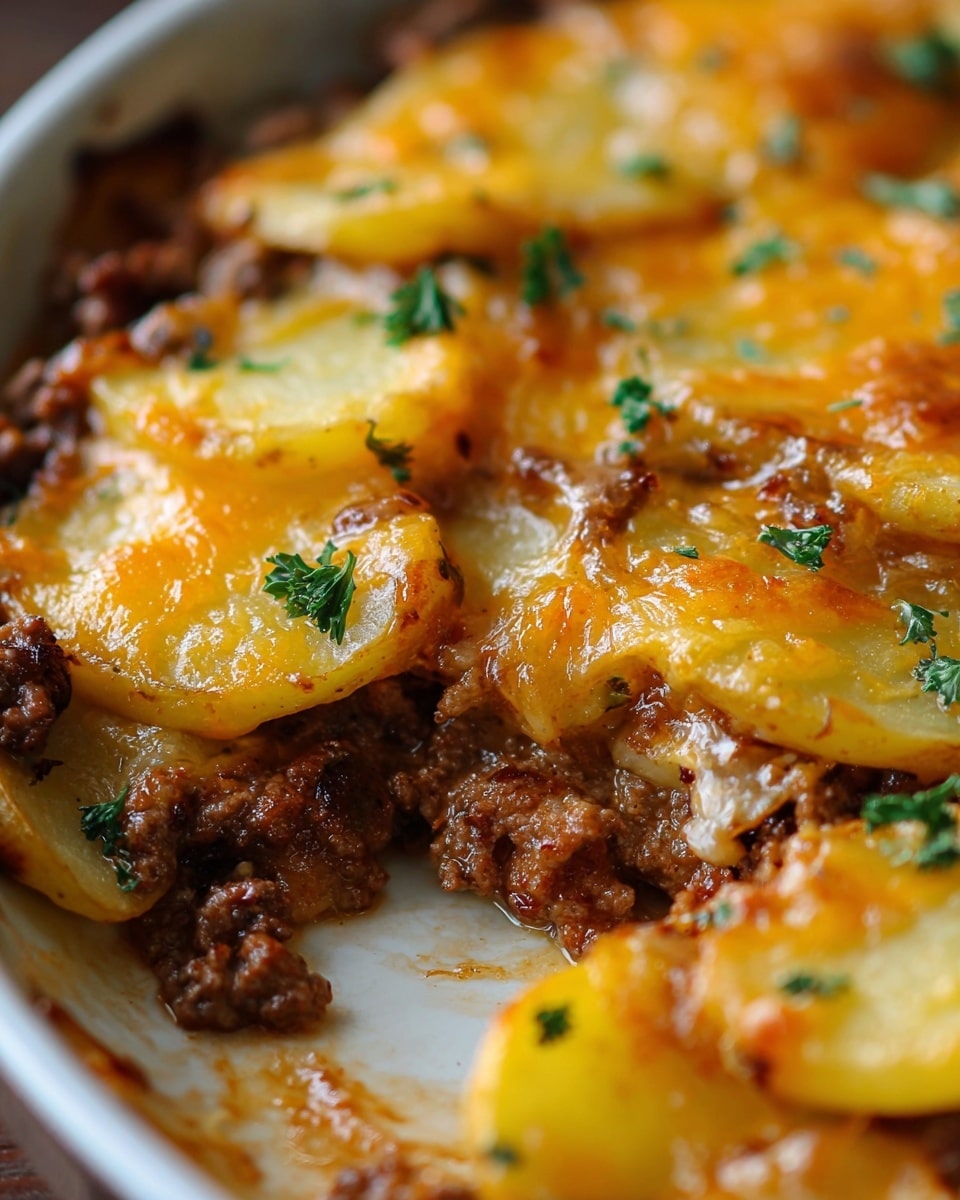 This close-up image shows a baked dish with multiple layers. The base layer consists of sliced, golden-yellow potatoes that are soft and slightly browned at the edges. On top of the potatoes is a rich layer of cooked ground beef that looks moist and crumbly with a deep brown color. Covering the beef and potatoes is a melted cheese layer, mostly orange with some areas of white cheese, bubbly and slightly browned in spots. Small green parsley pieces are sprinkled over the top, adding a fresh touch of color. The dish has a warm, hearty look with a mix of soft, tender textures and crispy edges. photo taken with an iphone --ar 4:5 --v 7