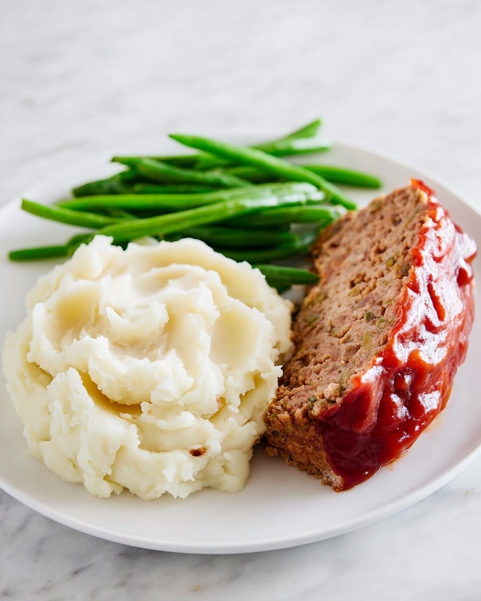 A white plate holds three layers of food placed side by side: a thick scoop of creamy mashed potatoes with a smooth, slightly fluffy texture in the center-left, a cluster of bright green cooked green beans with a shiny surface at the top, and a thick slice of meatloaf with a moist, crumbly texture and a glossy reddish-brown sauce coating its top and edges on the right. The plate rests on a white marbled surface with soft, natural lighting. photo taken with an iphone --ar 4:5 --v 7