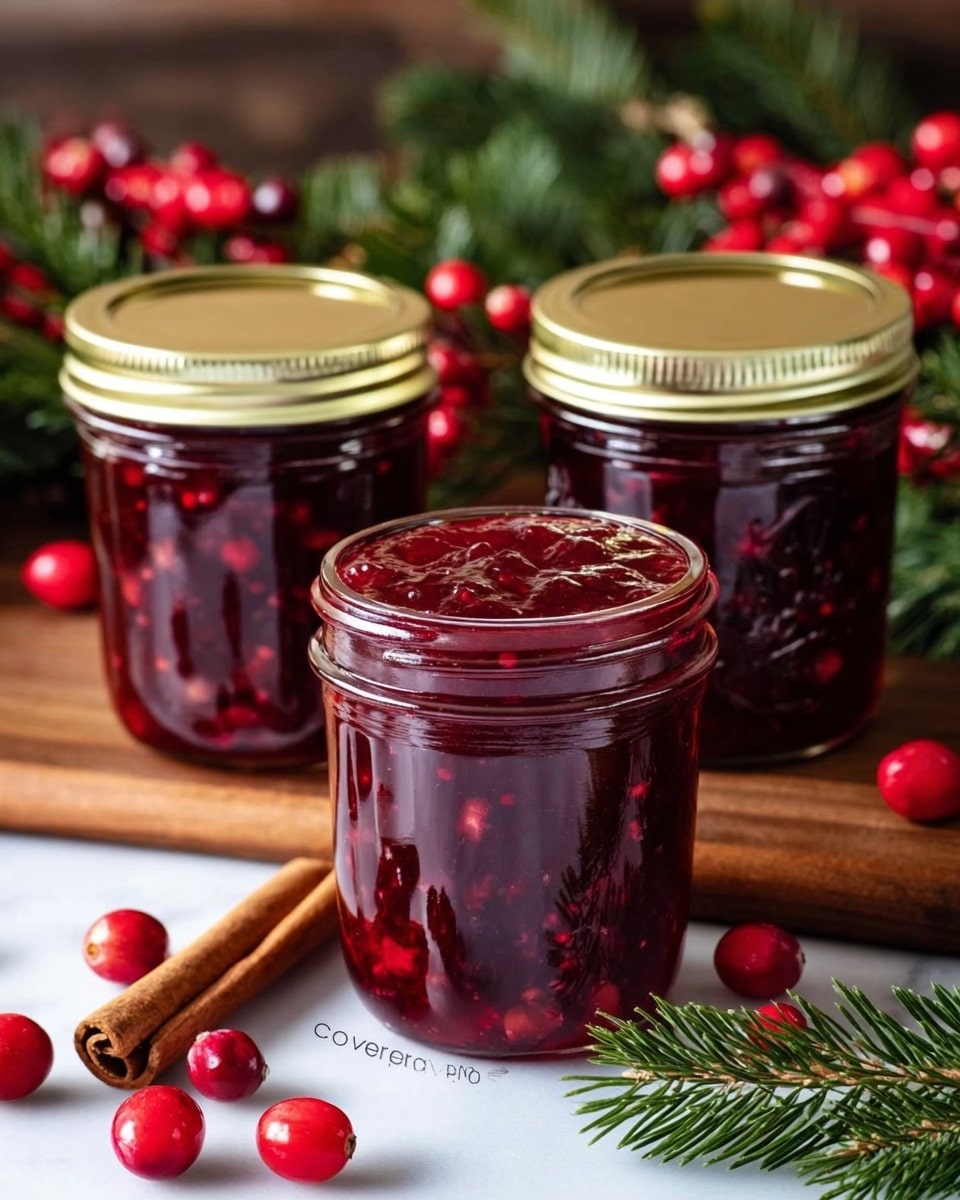 Three glass jars filled with dark red cranberry sauce, each topped with gold metal lids. The jars are placed on a wooden surface with pine tree branches and bright red cranberries scattered around them. A cinnamon stick lies in front, adding a warm brown color and rustic feel. The jars show the thick, textured sauce inside with visible cranberry bits. The background has a soft, blurred effect, making the jars stand out clearly on a white marbled surface. photo taken with an iphone --ar 4:5 --v 7