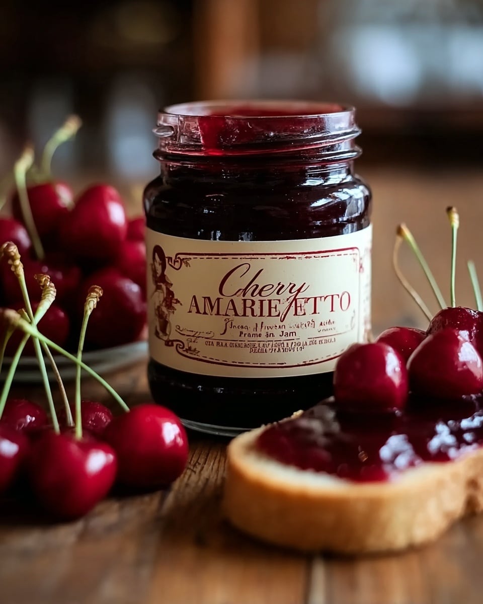 The image shows three small clear glass jars filled with dark red cherry jam, each jar tied with a thin piece of rustic brown twine around the neck. The jam inside looks smooth and glossy with small pieces of fruit visible. The jars sit on a wooden surface with several clusters of fresh cherries nearby, their deep red color and green stems adding contrast. The background is softly blurred, making the jars and cherries stand out clearly. photo taken with an iphone --ar 4:5 --v 7