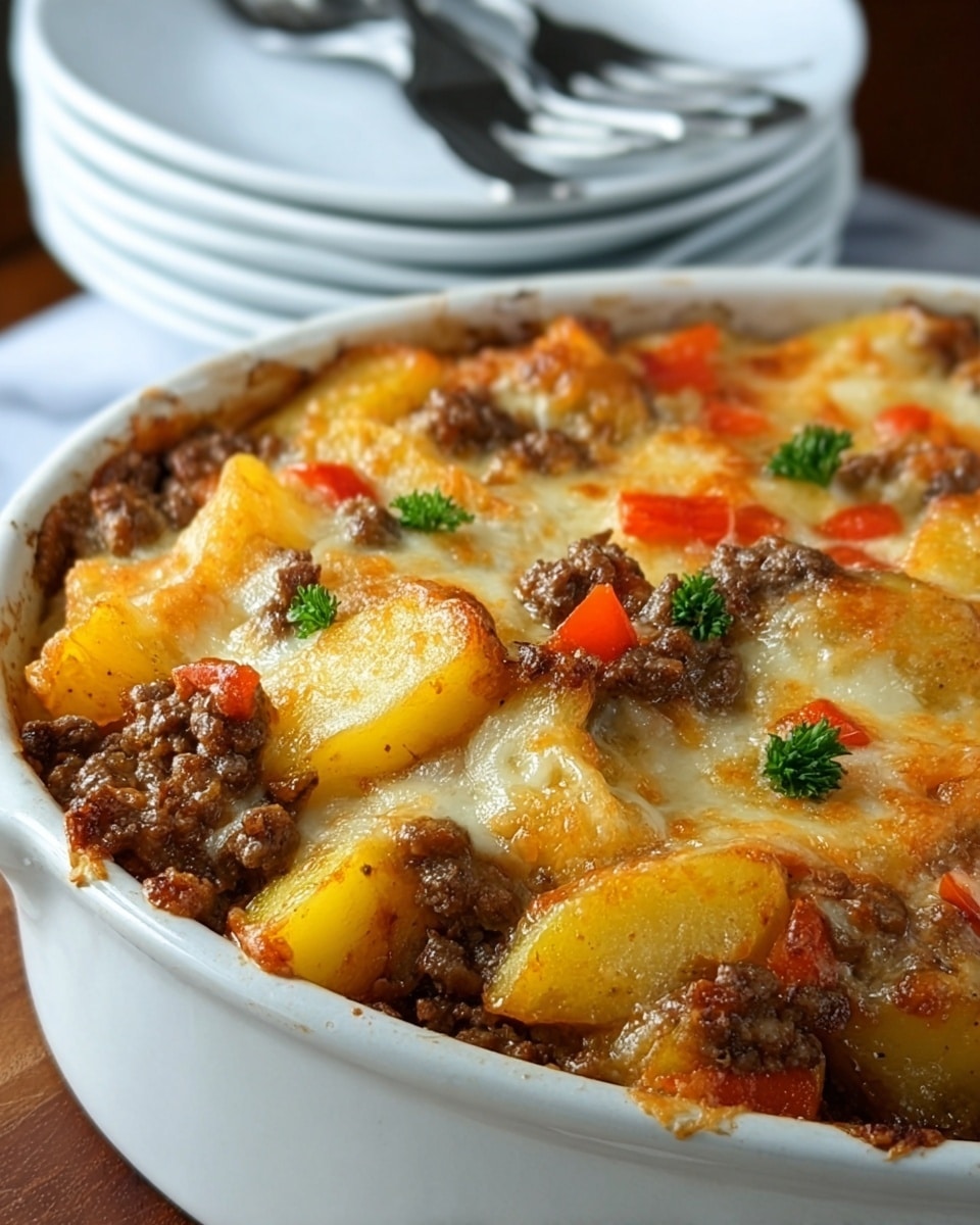 The image shows a baked dish in a deep white dish, filled with multiple layers. The base layer consists of yellow potato slices, cut thick and soft-looking, topped with a layer of cooked ground beef that is brown and crumbly. Scattered among the beef are small bits of red bell pepper, adding bright color. The top layer is melted cheese, golden and bubbly, covering the dish and mixing with the meat and potatoes. Small green parsley leaves are placed on top for garnish. The dish rests on a white marbled surface with a blurred stack of white plates and cutlery in the background. photo taken with an iphone --ar 4:5 --v 7