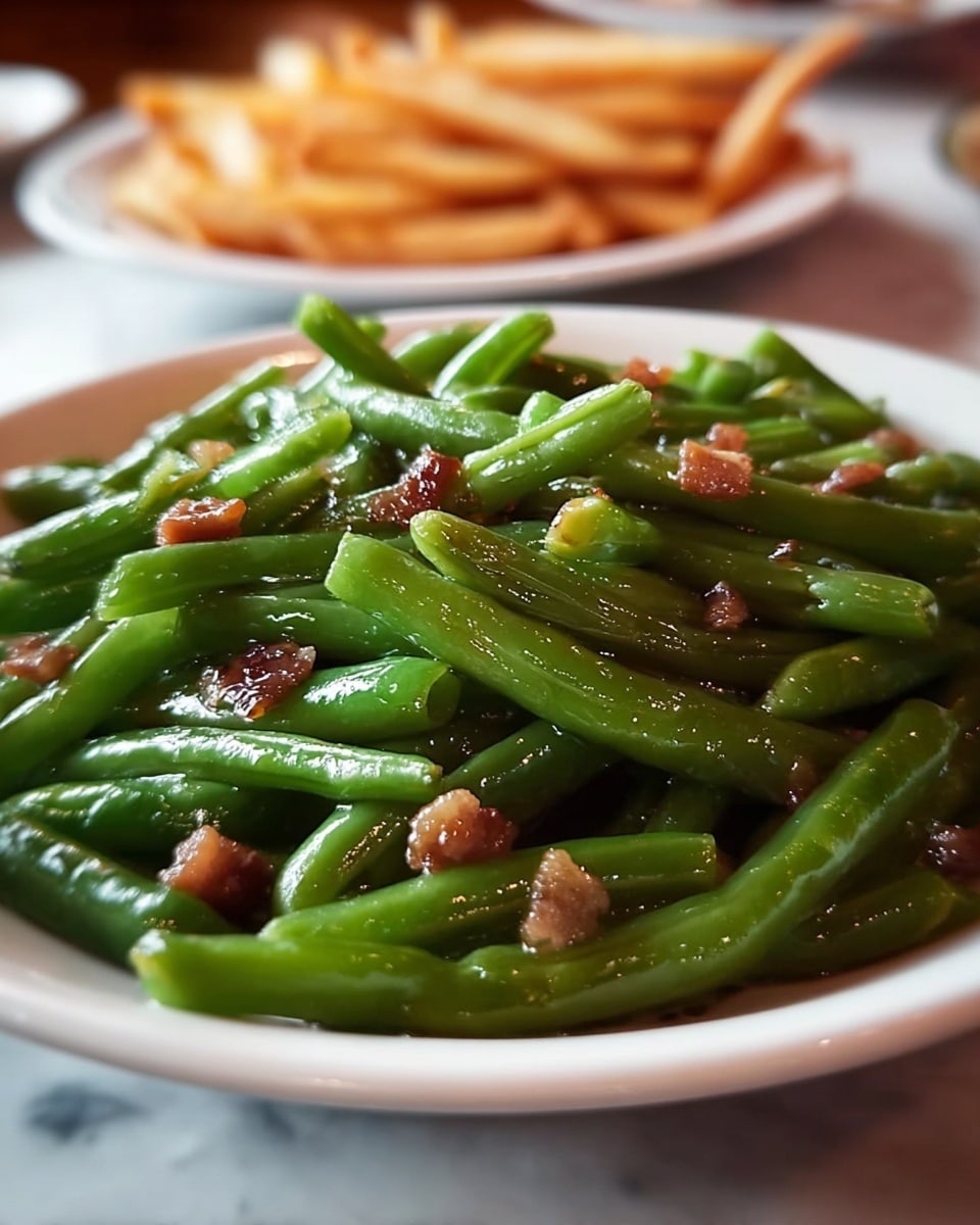 A close-up of a white plate filled with glossy cooked green beans, showing their bright green color and smooth texture. Mixed in with the green beans are small pieces of crispy browned onions or bacon, giving a slightly rougher texture and a dark brown contrast. The green beans are piled in a slightly uneven mound that covers the plate evenly. In the blurry background, another white plate holds some light golden French fries on a white marbled surface. The lighting creates a shiny, appetizing look on the green beans and their mix-ins. Photo taken with an iphone --ar 4:5 --v 7