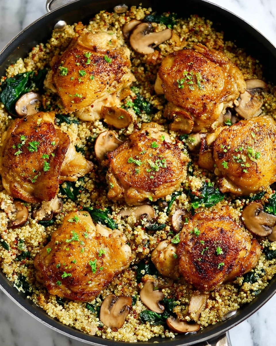 The image shows a skillet filled with a cooked dish made of six golden-brown chicken thighs placed on a bed of fluffy cooked quinoa mixed with sautéed mushroom slices and green spinach leaves. The quinoa layer is light beige with a slightly grainy texture, speckled with bits of green herbs. The chicken thighs have a nicely browned surface with a slightly crispy texture and small green herb flakes sprinkled on top. The mushrooms are light brown and smooth, scattered evenly throughout the quinoa. The spinach leaves add dark green contrast and a fresh look. The skillet rim is black and shiny, all resting on a white marbled surface. photo taken with an iphone --ar 4:5 --v 7