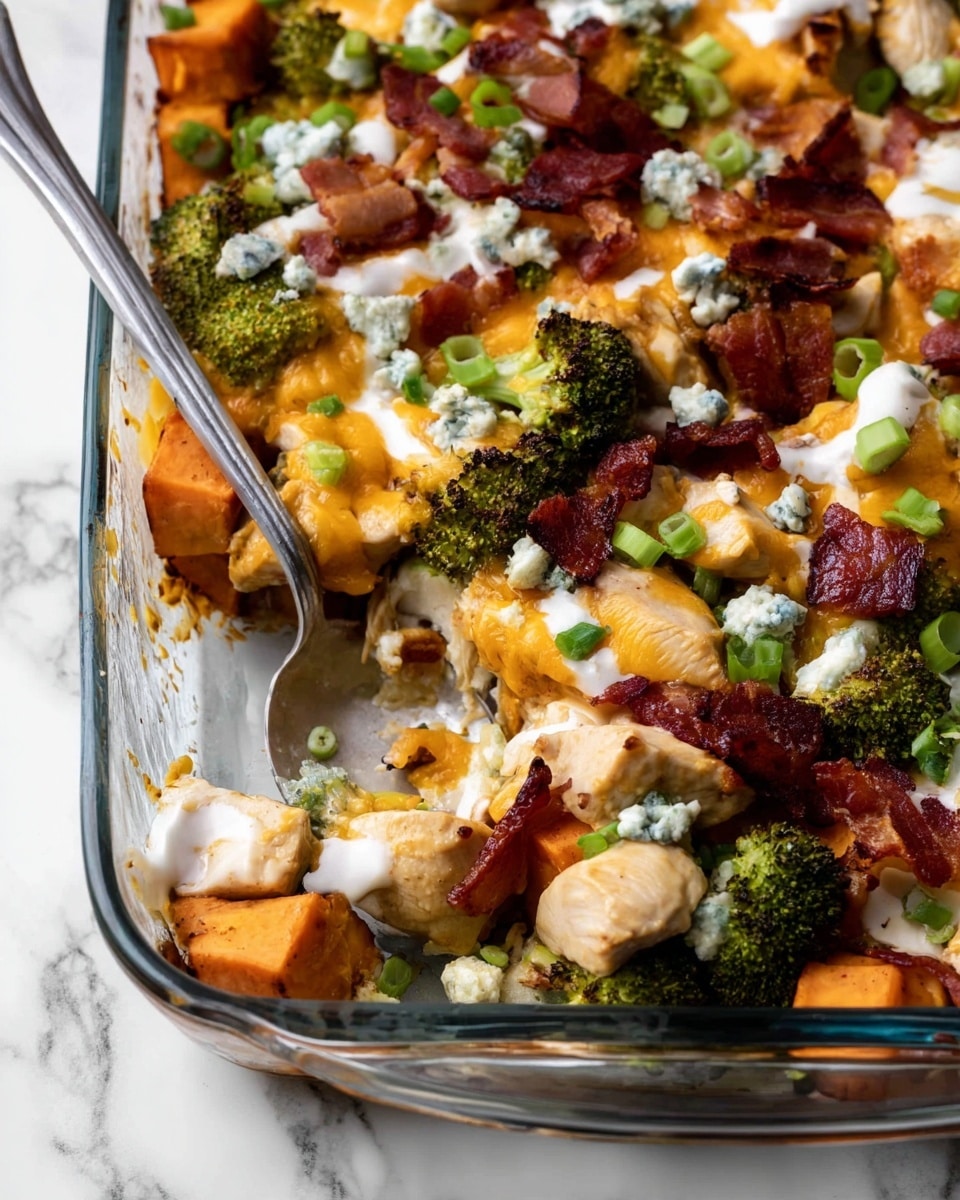 The image shows a glass baking dish filled with a layered dish, starting with roasted broccoli and sweet potatoes at the bottom, giving green and orange colors with a slightly charred texture. On top of that are chunks of cooked chicken, light beige with a tender texture, scattered unevenly. Melted orange cheddar cheese covers parts of the dish, with melted creamy white sauce drizzled over the top. Small pieces of crispy bacon, dark red and crispy, are spread across the dish. Small green slices of scallions and crumbled white blue cheese are sprinkled on top, adding fresh green and white accents. The dish rests on a white marbled surface, with a silver serving spoon to the left inside the baking dish. Photo taken with an iphone --ar 4:5 --v 7