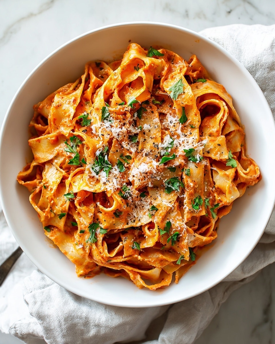 A white bowl filled with a serving of wide, flat pasta noodles coated in a rich, creamy orange-red tomato sauce; the pasta is twisted and layered naturally inside the bowl. On top, there are small pieces of fresh green parsley scattered evenly, with a light sprinkle of white grated cheese and some black pepper. The bowl is placed on a soft white cloth on a white marbled textured surface. photo taken with an iphone --ar 4:5 --v 7