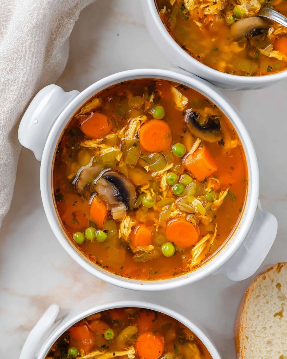 The image shows a white pot filled with a clear orange-brown broth soup containing several layers of ingredients: bright orange carrot cubes, green peas, light yellow shredded chicken, chunks of translucent onions, and dark brown mushroom slices, all evenly mixed and visible through the liquid. The pot has a white handle and sits on a surface with a white marbled texture. Part of another white pot with the same soup is visible at the top and bottom of the frame, and a piece of light brown bread is placed to the right. A white cloth is partially seen on the left side of the image. The photo taken with an iphone --ar 4:5 --v 7