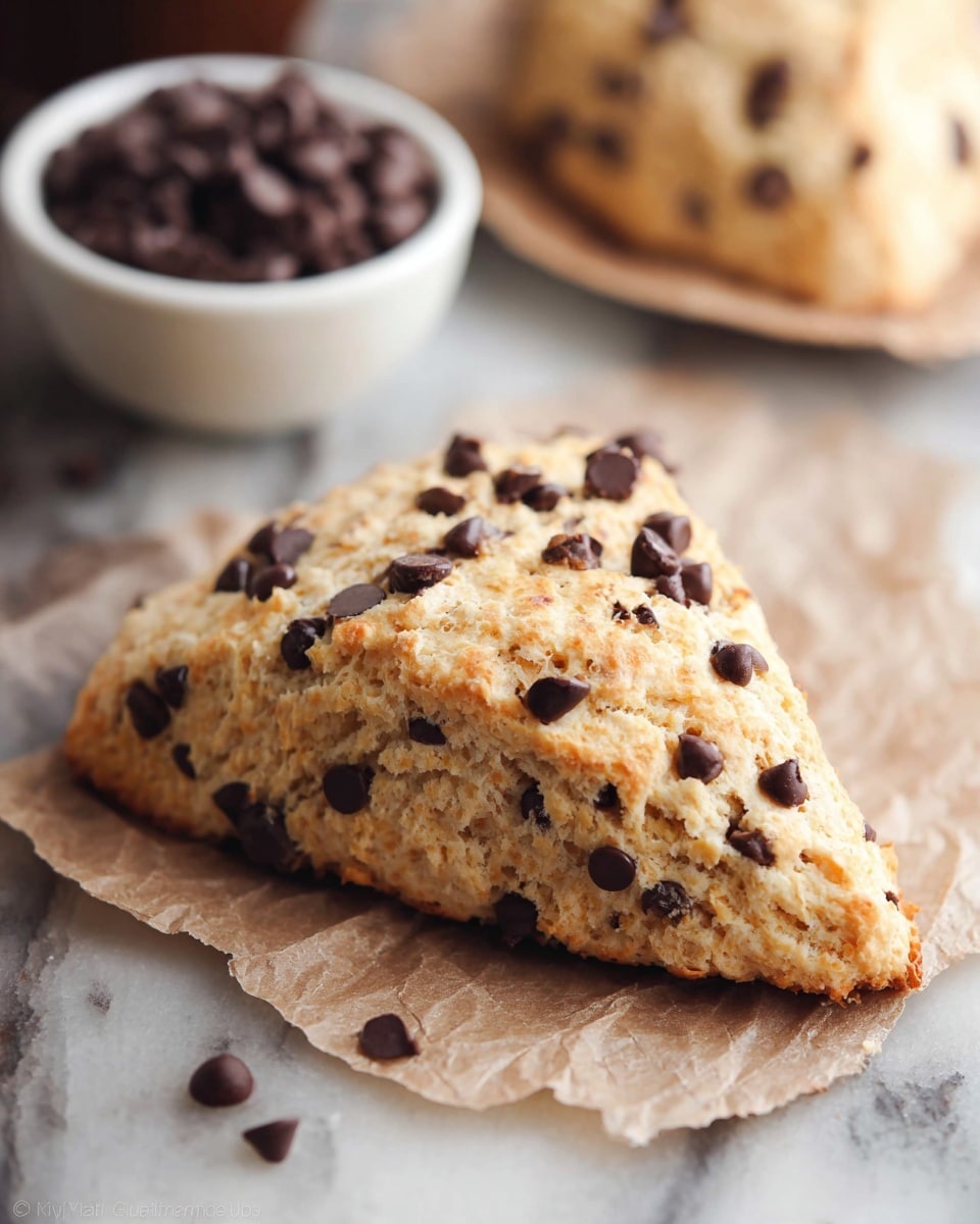 The image shows a single triangular chocolate chip scone with a crumbly light golden-brown texture. The scone is dotted generously with smooth, dark chocolate chips on the top and throughout the piece. It rests on a crinkled piece of light brown parchment paper. A few more chocolate chips are scattered around the base on the white marbled surface. The focus is close up, highlighting the scone's soft yet slightly rough texture. Photo taken with an iphone --ar 4:5 --v 7