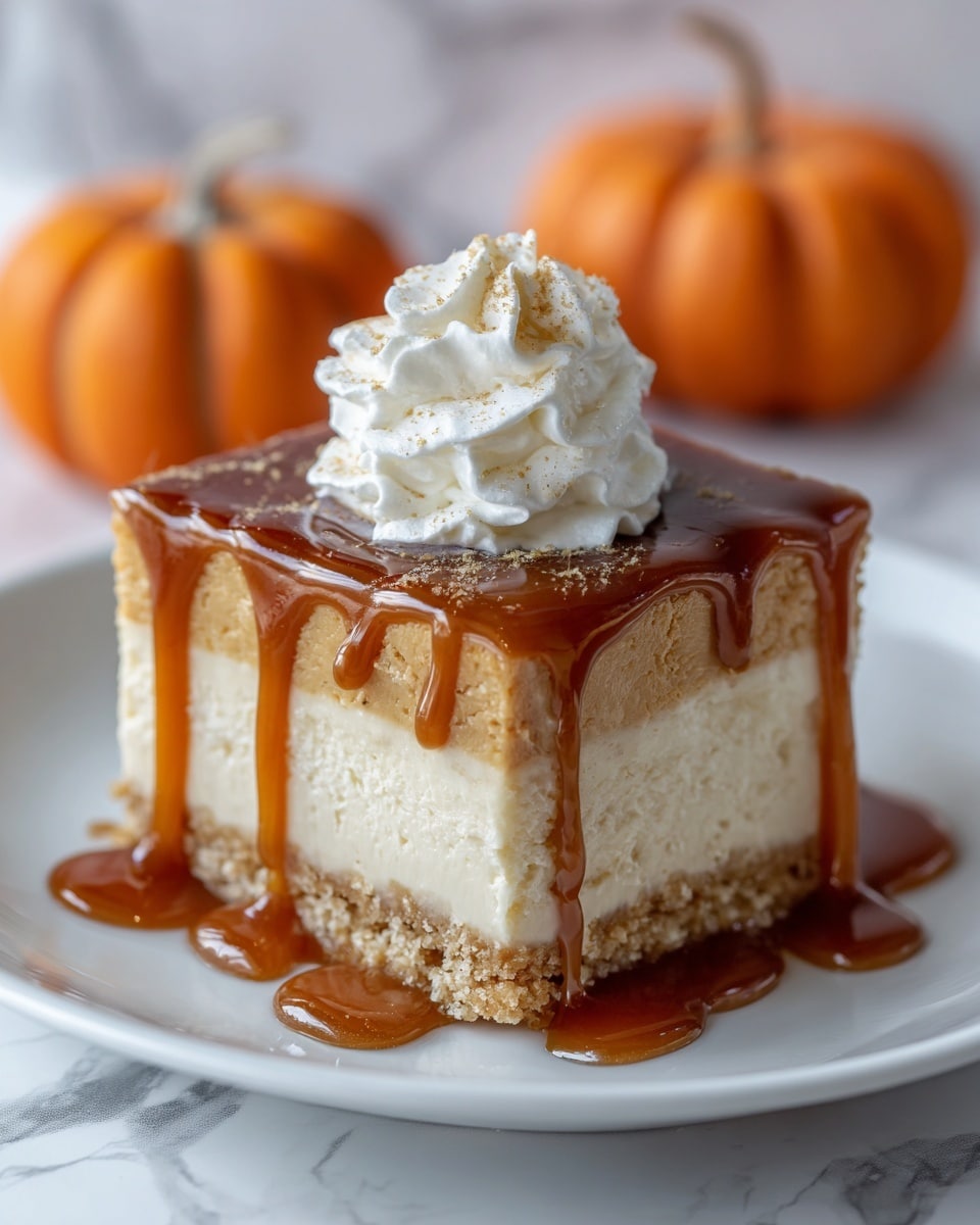 A close-up of a square dessert with three layers: a bottom thick white layer, a middle glossy golden caramel layer, and a top crumbly dark brown layer with pieces of nuts. On top is a fluffy dollop of whipped cream. The dessert sits in a shallow pool of caramel sauce on a white plate. In the blurred background, there are large orange and white pumpkins on a white marbled surface. photo taken with an iphone --ar 4:5 --v 7