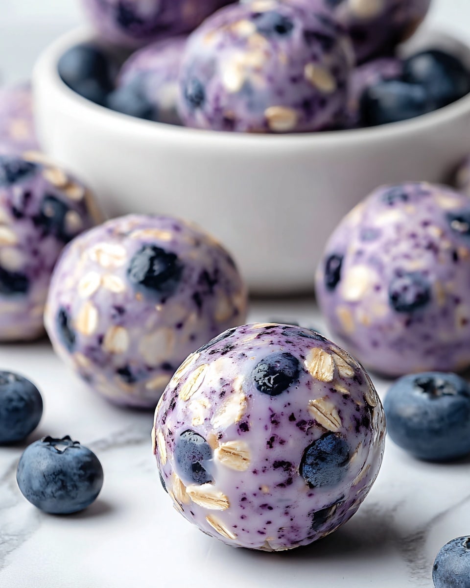 The image shows round energy bites that are light purple with small dark blue blueberries embedded inside. Each bite has visible light brown oat flakes on the outside, mixed into the purple mix. The surface of the bites looks glossy with a shiny white coating in some spots. They are sitting on a white marbled surface with a white shallow bowl full of more bites and fresh blueberries blurred in the background. The focus is on a single bite in the front center with clear details of the blueberries, oats, and shiny coating. photo taken with an iphone --ar 4:5 --v 7