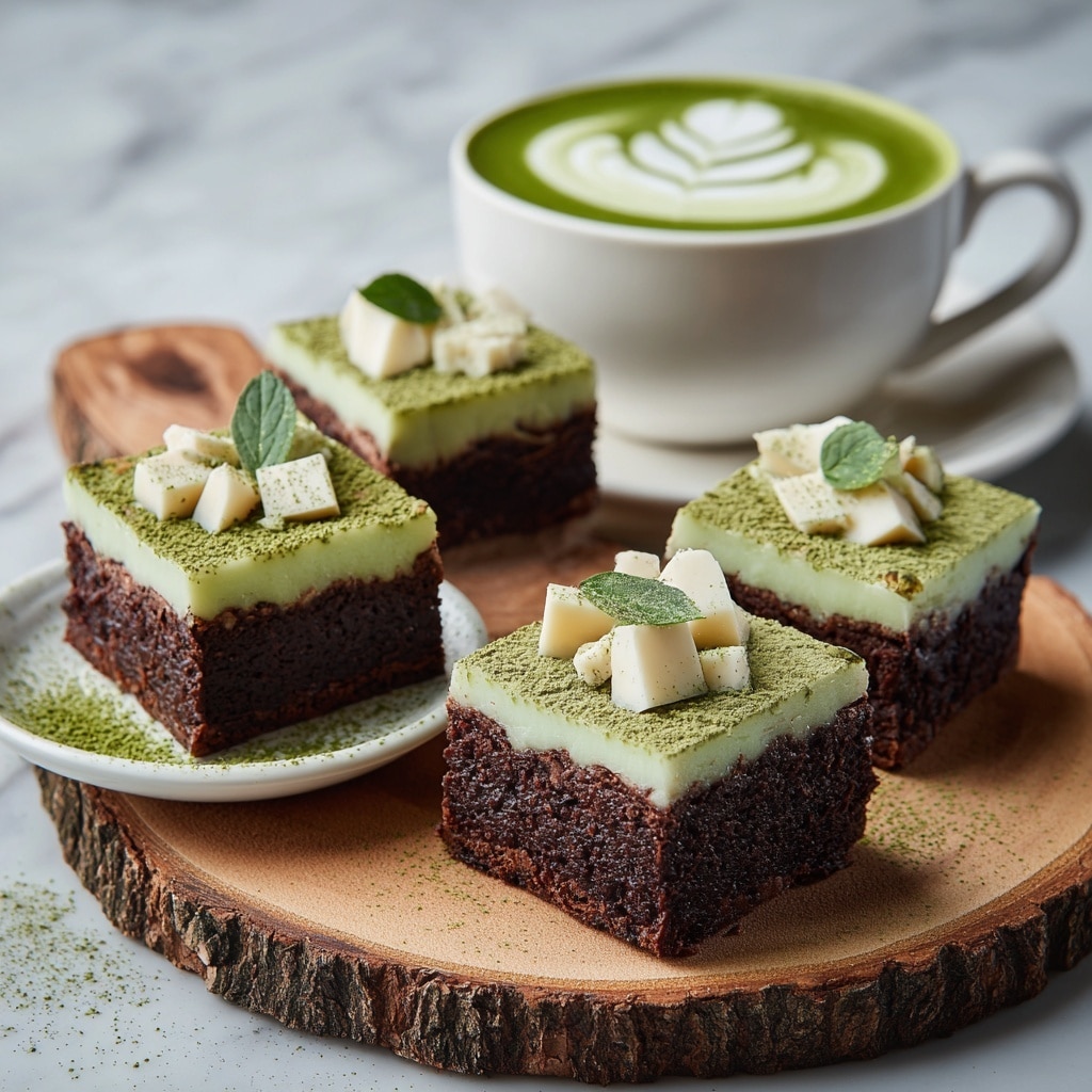 Four square brownies are shown, each with two layers; the bottom layer is dark brown and rich like chocolate, and the top layer is pale green with a smooth creamy look, dusted with fine green powder on top. Each brownie is topped with small white chocolate pieces, and one has a small green leaf garnish. They sit on a round wooden board with a rough bark edge, placed on a white marbled surface. In the foreground, one brownie rests on a small white plate with green powder sprinkled around it, next to a white cup filled with matcha latte decorated with white foam art. Photo taken with an iphone --ar 4:5 --v 7