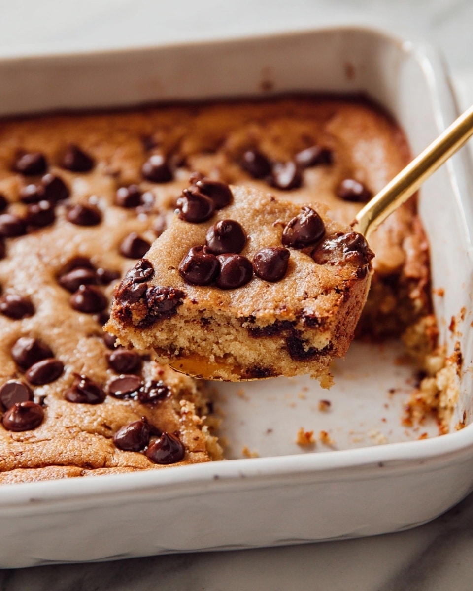 A close-up view of a baked chocolate chip cookie bar inside a white rectangular ceramic dish, with a golden-brown top layer dotted with melted and solid dark chocolate chips, showing a soft, gooey texture just beneath the surface. A gold spoon lifts a portion from the dish, revealing the dense, chewy inside layer filled with more chocolate chips and a slightly toasted edge. The dish sits on a white marbled surface. photo taken with an iphone --ar 4:5 --v 7