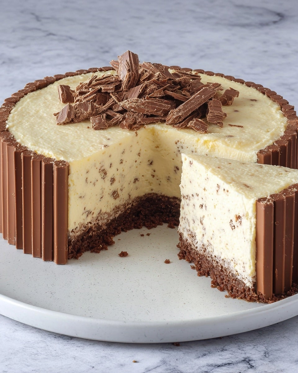 A round cheesecake with three clear layers sits on a white plate over a white marbled surface. The bottom layer is a thin, dark brown crumb base that looks crunchy. The middle layer is thick and creamy, pale yellow with specks of chocolate mixed in, smooth in texture. Around the side edge is a border made of vertical rows of chocolate sticks, light brown with thin ridges, standing upright. The top layer is a shiny, smooth pale cream with chocolate bits inside. On top, there is a small pile of broken chocolate flakes that have a delicate, layered texture. A small slice has been cut and removed from the cake. Photo taken with an iphone --ar 4:5 --v 7