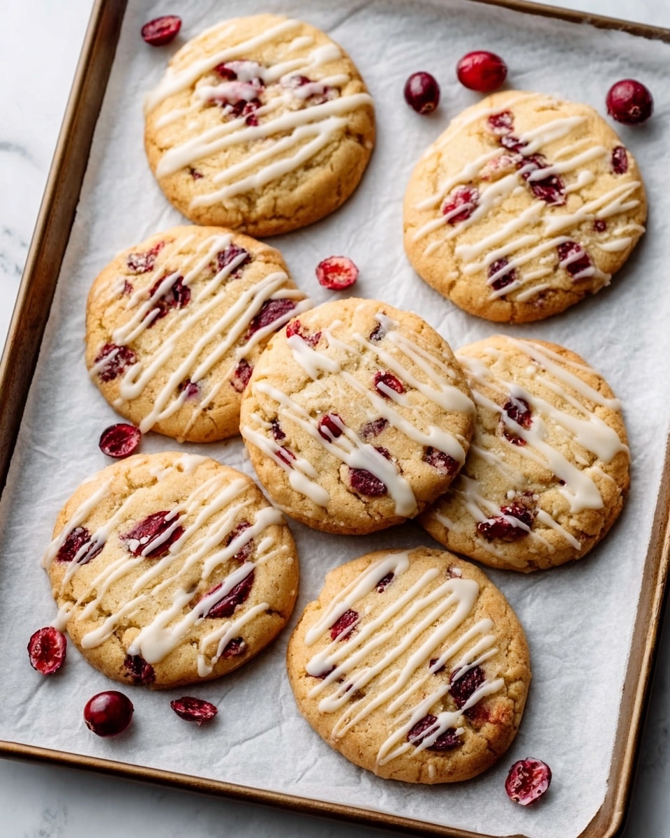 The image shows six large round cookies on a metal cooling rack lined with white parchment paper. Each cookie has a light golden-brown base with a slightly cracked texture, topped with a thin layer of white icing that has a smooth, shiny surface. Red cranberry pieces are scattered throughout the cookies, visible through the icing. Around the rack, there are a few loose cranberries scattered on a white marbled background. The cookies look soft and slightly thick, with an uneven, homemade shape. Photo taken with an iphone --ar 4:5 --v 7