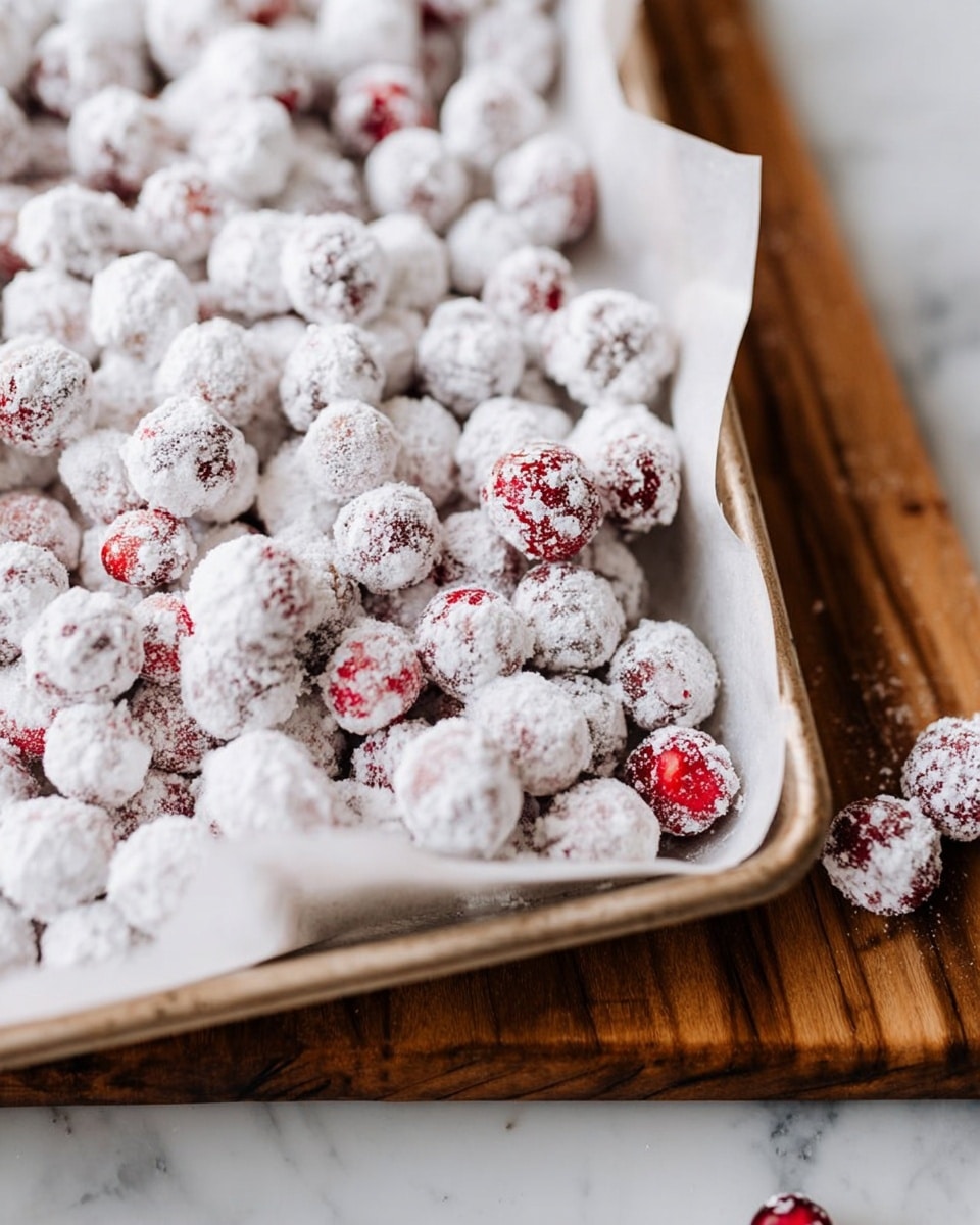 A tray lined with white parchment paper holds a single layer of small round red cranberries all covered in a thick coating of white powdered sugar, making them look almost snowed under. The tray sits on a wooden board, and a few cranberries have fallen onto the white marbled surface below. The cranberries have a slightly shiny texture peeking through the sugar dust. Photo taken with an iphone --ar 4:5 --v 7