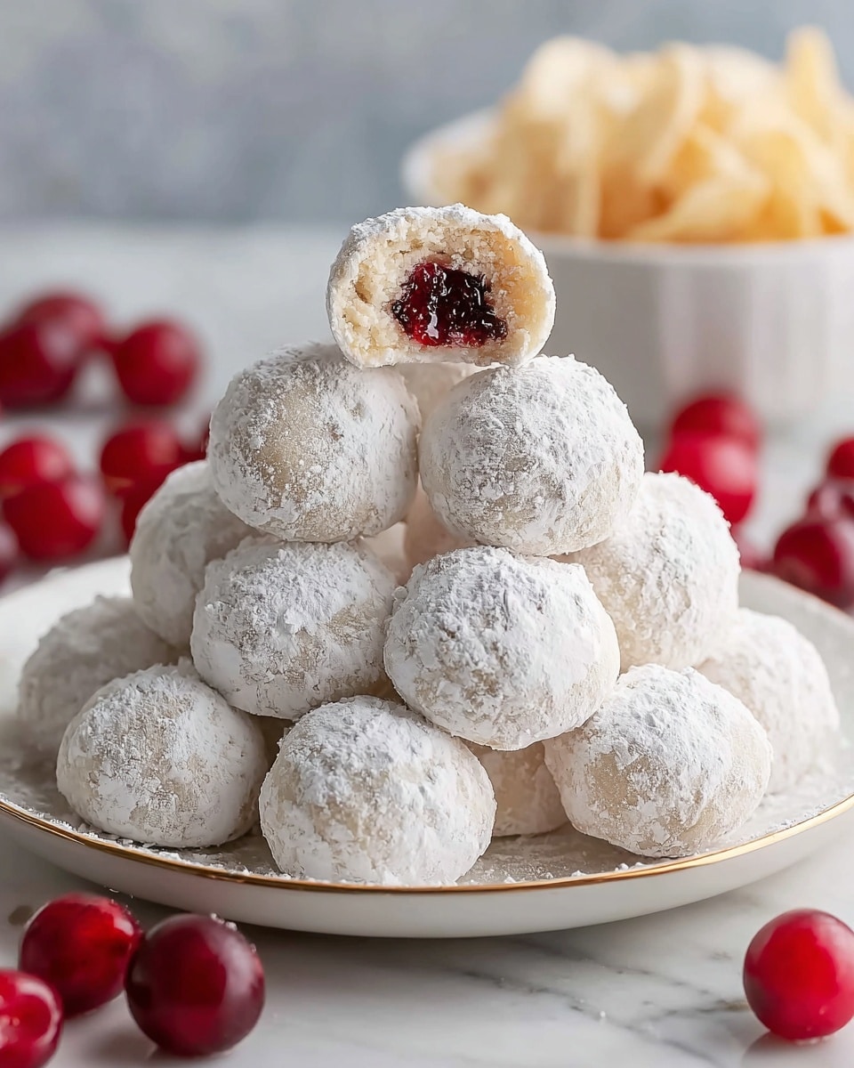 A pyramid of small round cookies coated in white powdered sugar is piled on a white plate with a thin gold rim. Each cookie is light beige underneath the powdered sugar coating, with one cookie at the top broken open to reveal a dark red, glossy cherry filling inside. Fresh whole red cherries are scattered on a white marbled surface around the plate, and a white bowl with thin potato chips is blurred in the background to the right. photo taken with an iphone --ar 4:5 --v 7