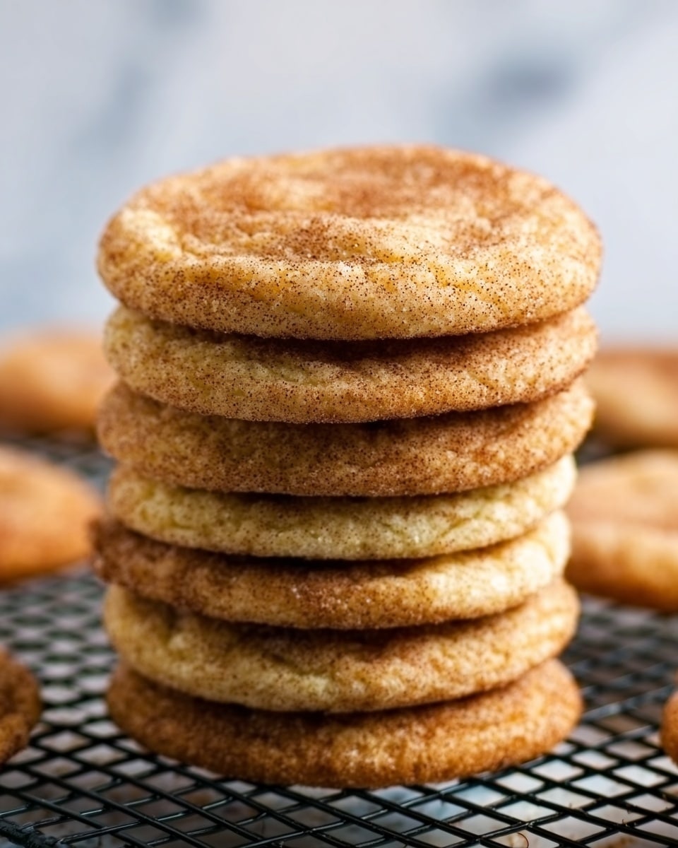 The image shows a stack of seven round cookies piled neatly on top of each other on a black cooling rack. Each cookie is light brown with a slightly rough texture and covered with a dusting of cinnamon sugar, giving a speckled look. The top cookie is centered with a golden-brown edge and a soft, slightly cracked surface. The background is a white marbled texture. photo taken with an iphone --ar 4:5 --v 7